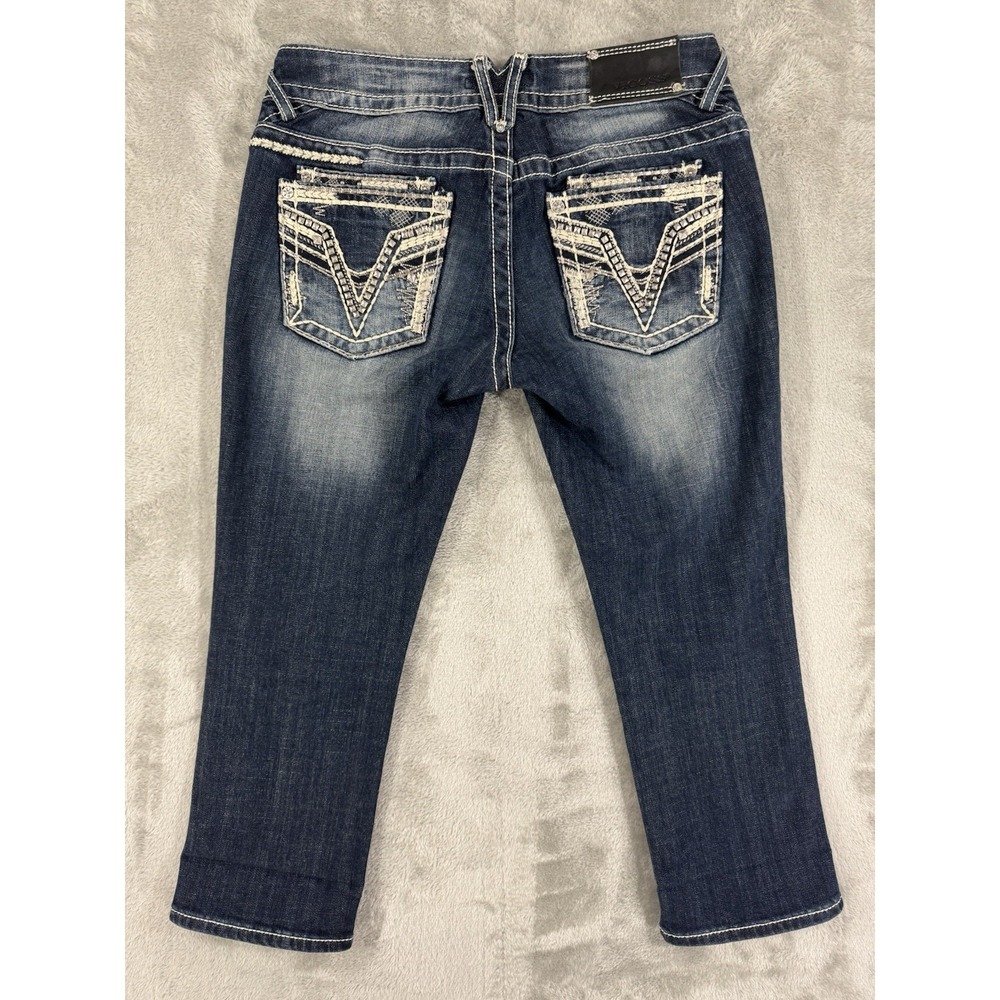 Vigoss Capri Jeans Womens W27 L21 Dublin Thick Stitch Embellished Whiskered Blue